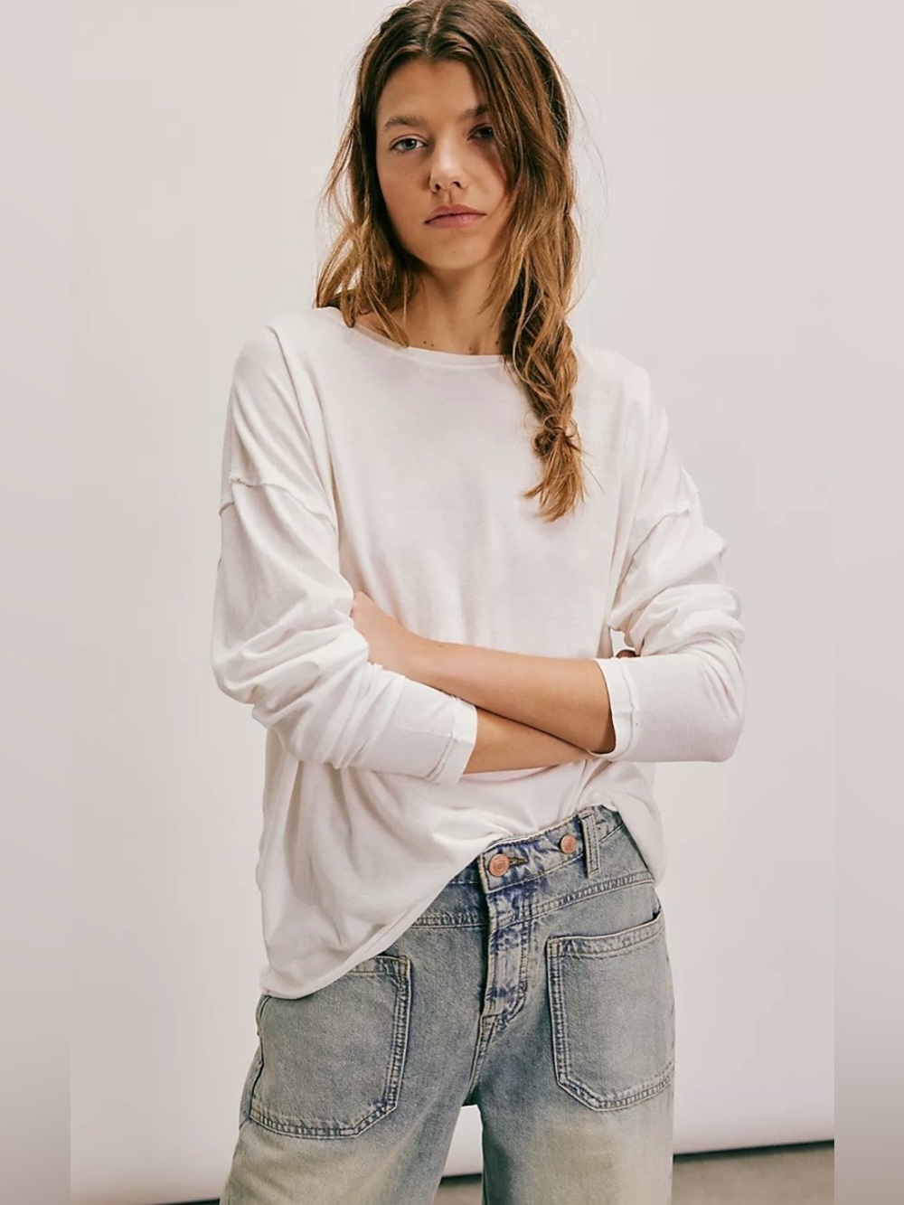 NWT FREE PEOPLE WE THE FREE NINA LONG SLEEVE TEE IVORY LARGE - Picture 2 of 5